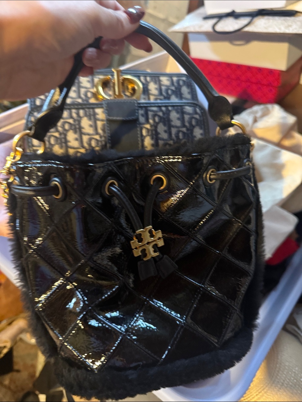 Women’s Black Quilted Patent Drawstring Handbag with Gold Accent
